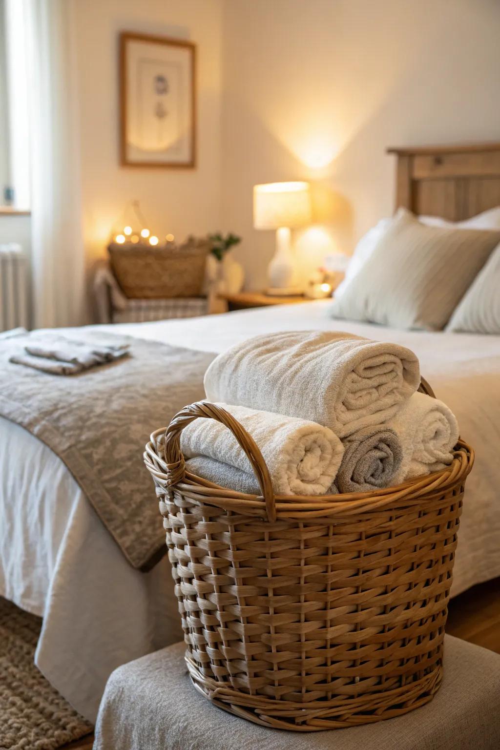 A generously sized basket at the foot of the bed serves as the ideal repository for extra blankets.