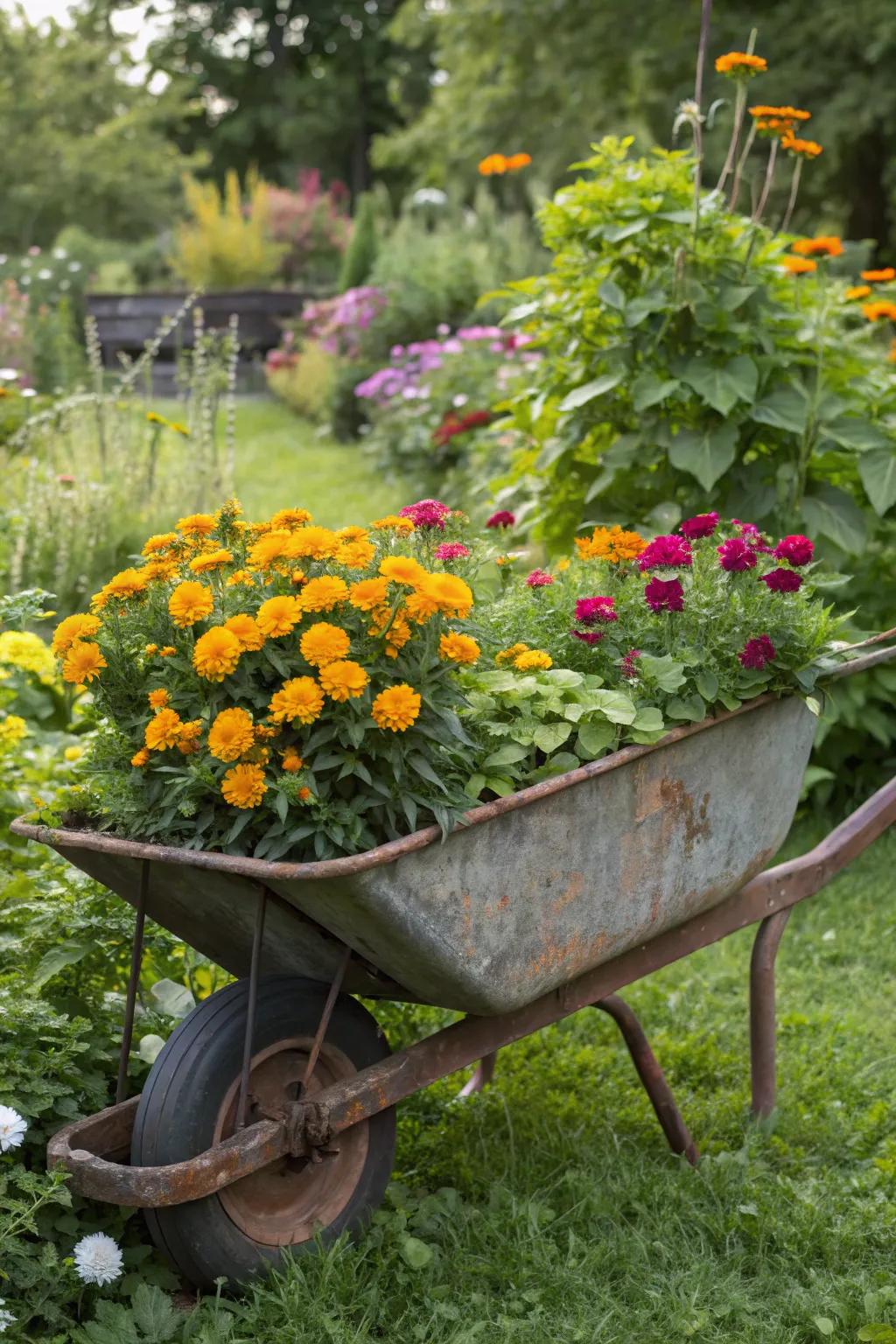 A wheelbarrow transformed into a planter, brimming with vibrant flowers.
