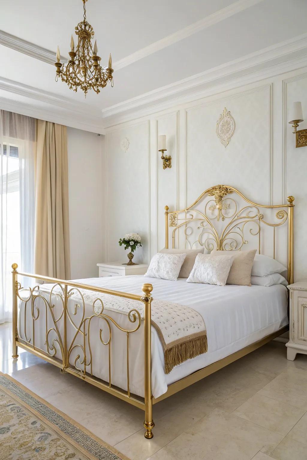 A classic white and gold bedroom exudes timeless sophistication.