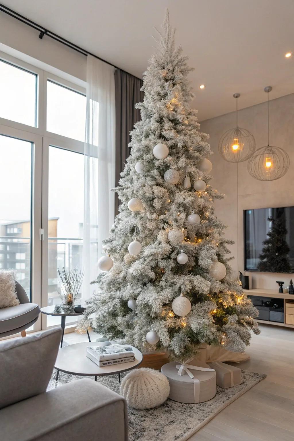 A flocked tree, decorated with silver and white accents, embodying snowy sophistication.