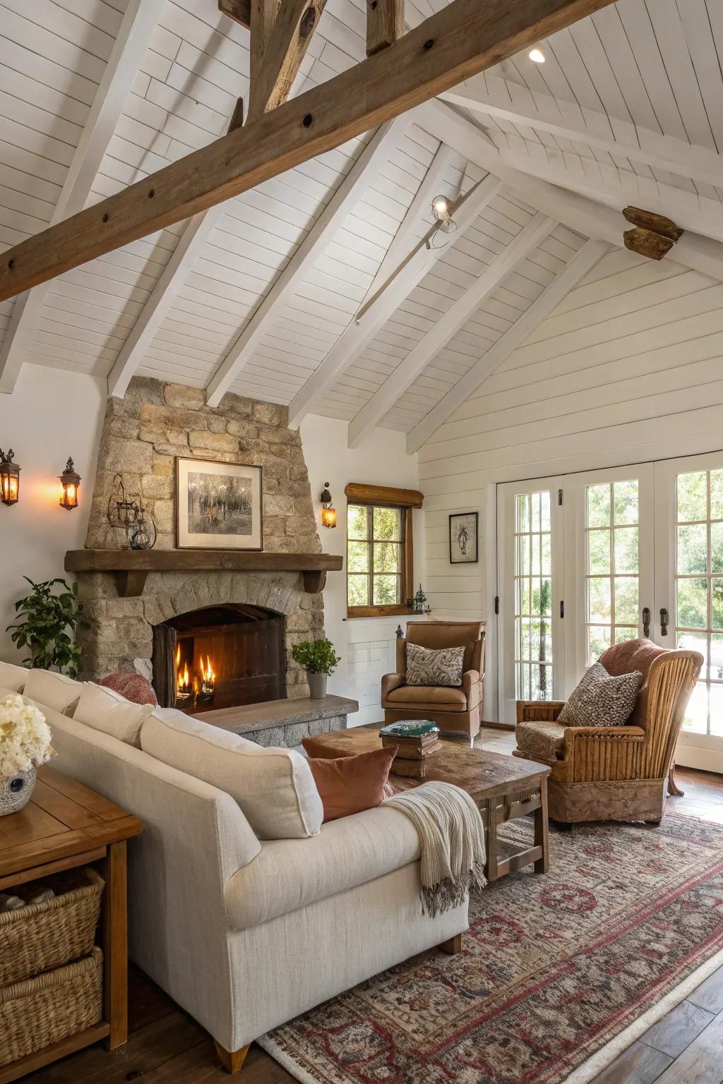 A warm living room with a white ceiling and exposed supports, creating a welcoming and cozy vibe.