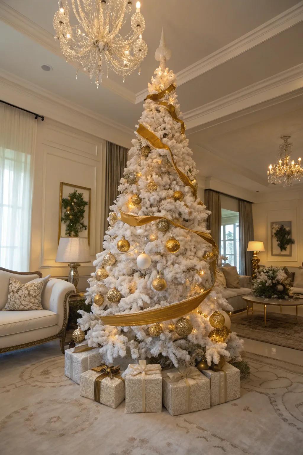 An exemplar of classic white and gold holiday tree decorations, radiating an aura of sophistication.