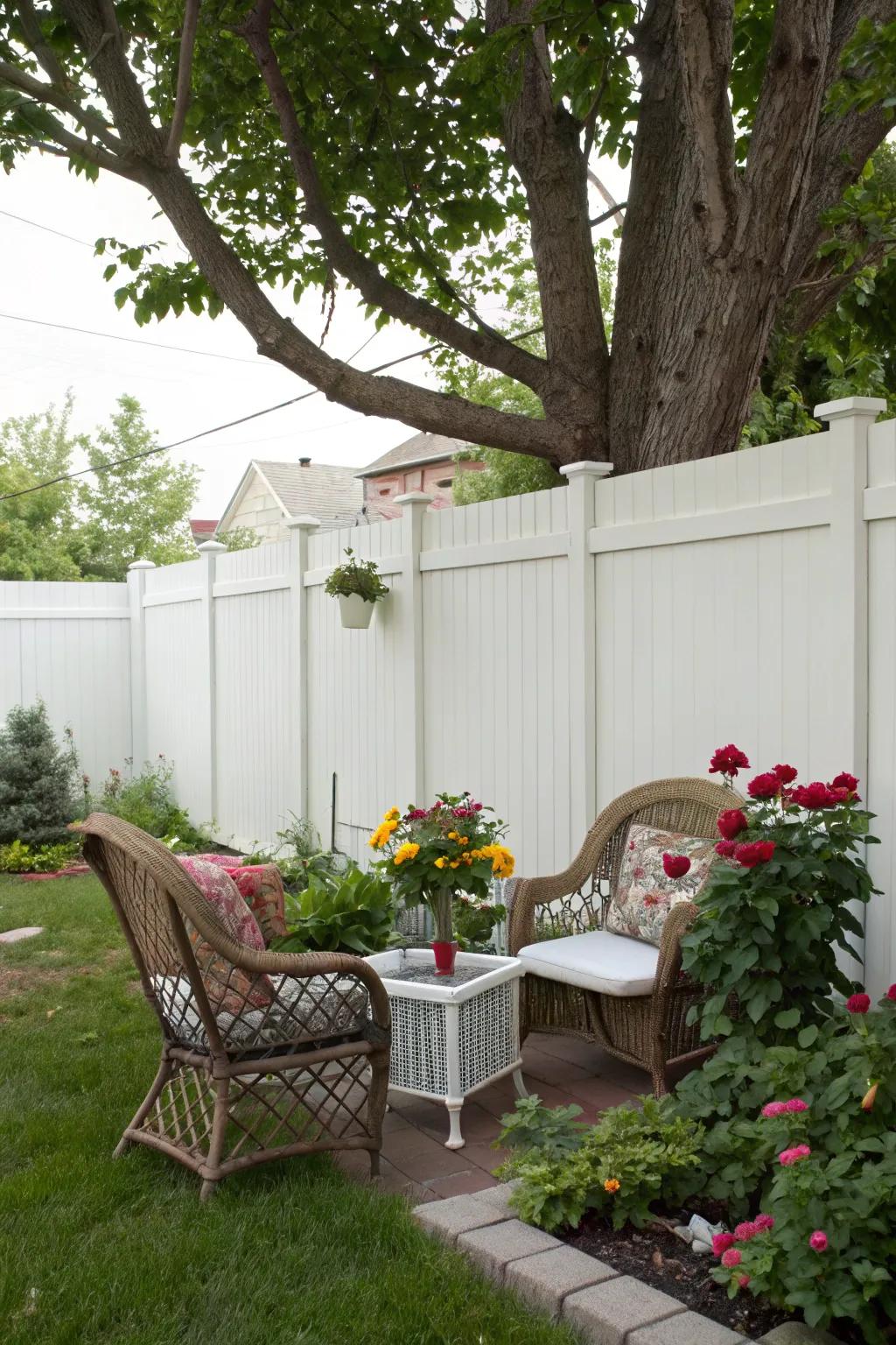 An unblemished white panel enclosure fashions an immaculate private area within the backyard.