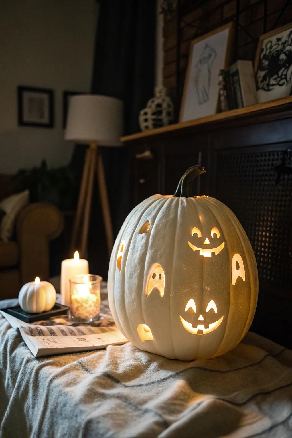 A ghostly face carved into a white pumpkin, adding a spooky touch to the evening.