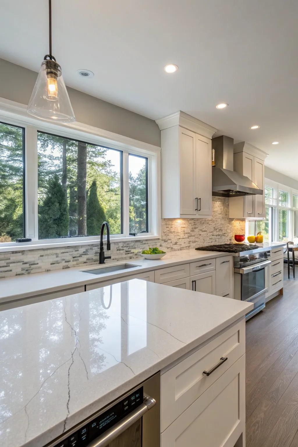 Floor-to-ceiling stone backsplash, crafting a smooth and graceful kitchen ambiance.