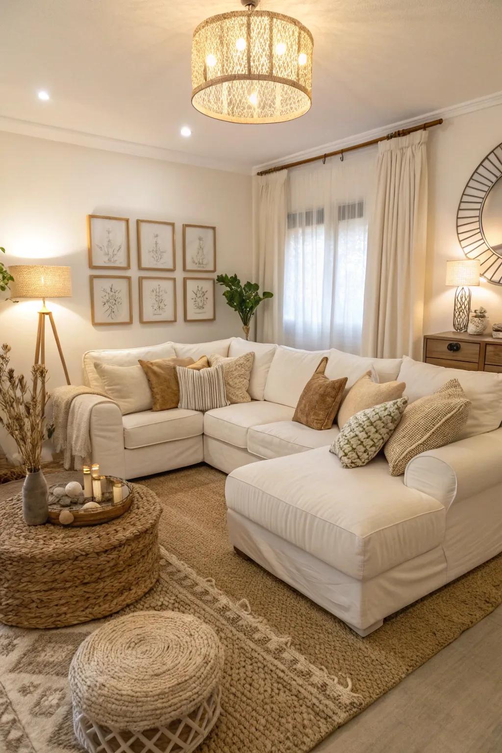 A seamless fusion of subdued tints, featuring a creamy white sectional as the heart of the space.