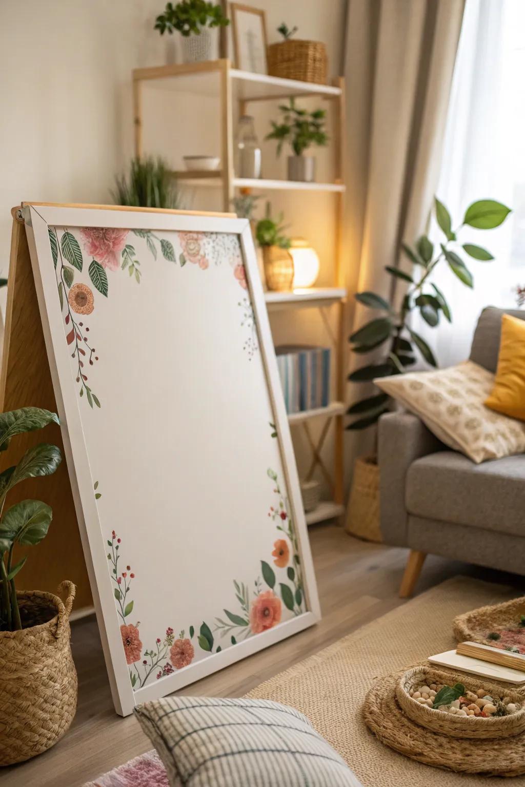 A whiteboard enhanced with floral borders, adding a natural essence to the setting.