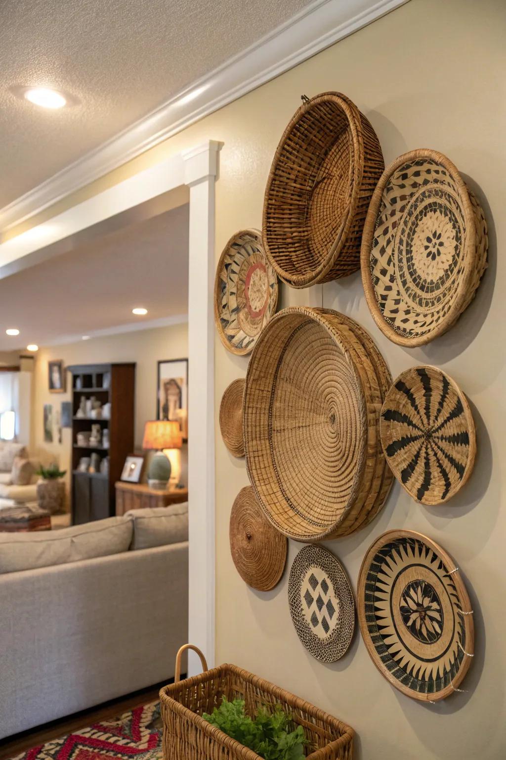 Design a captivating centerpiece by utilizing wicker baskets as wall art.