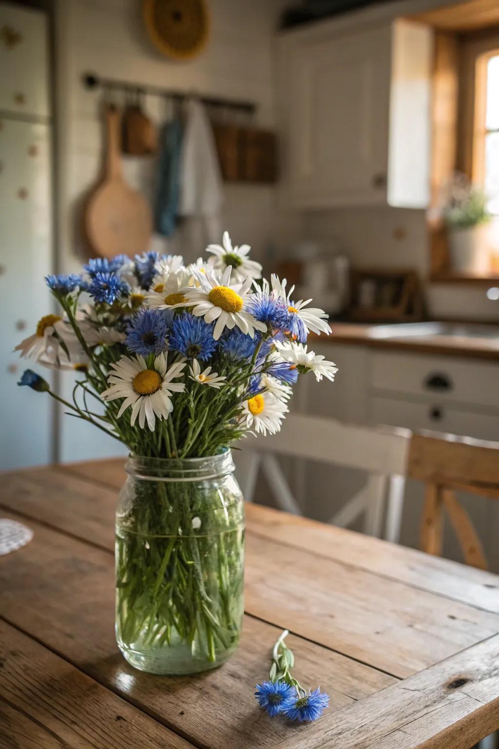 A humble glass jar is reborn as an enchanting focal point filled with wildflowers.