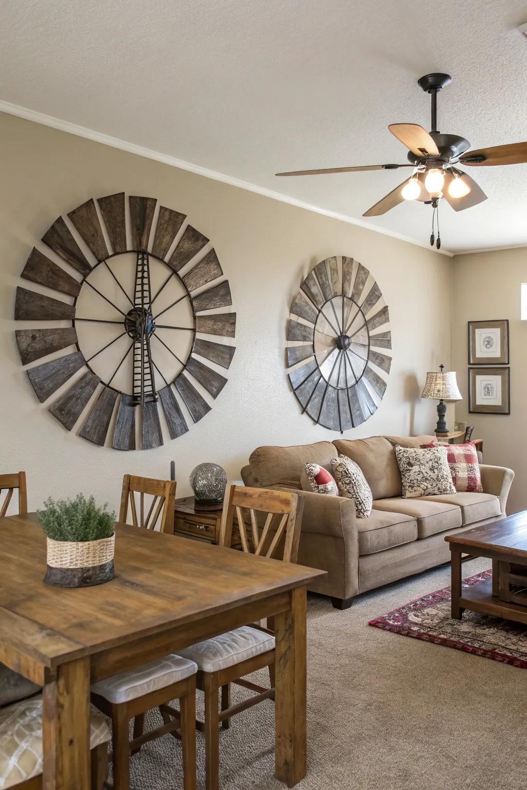 Pinwheel sails introduce a rustic point of interest to your walls.