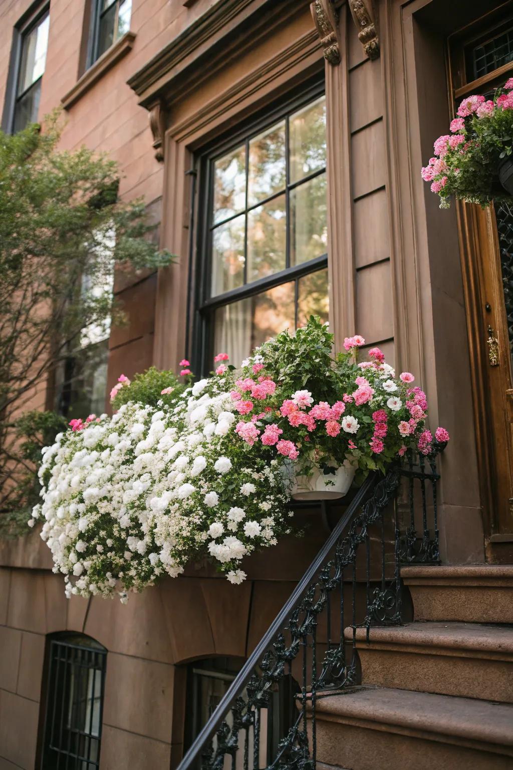 A balanced palette with ivory and blush flowers complementing a brownstone backdrop.
