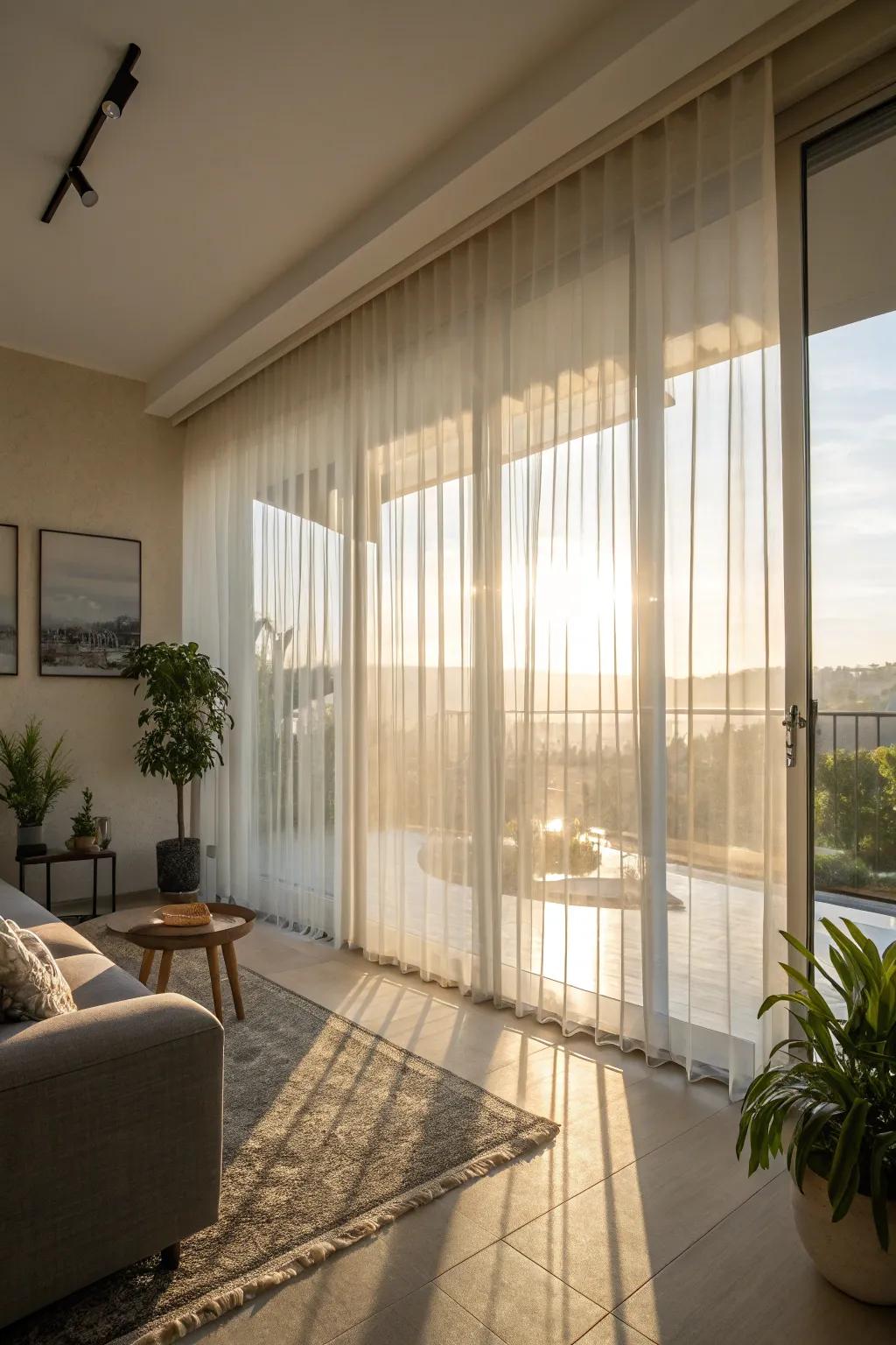 Ethereal vertical shades offer a subtle and refined touch.