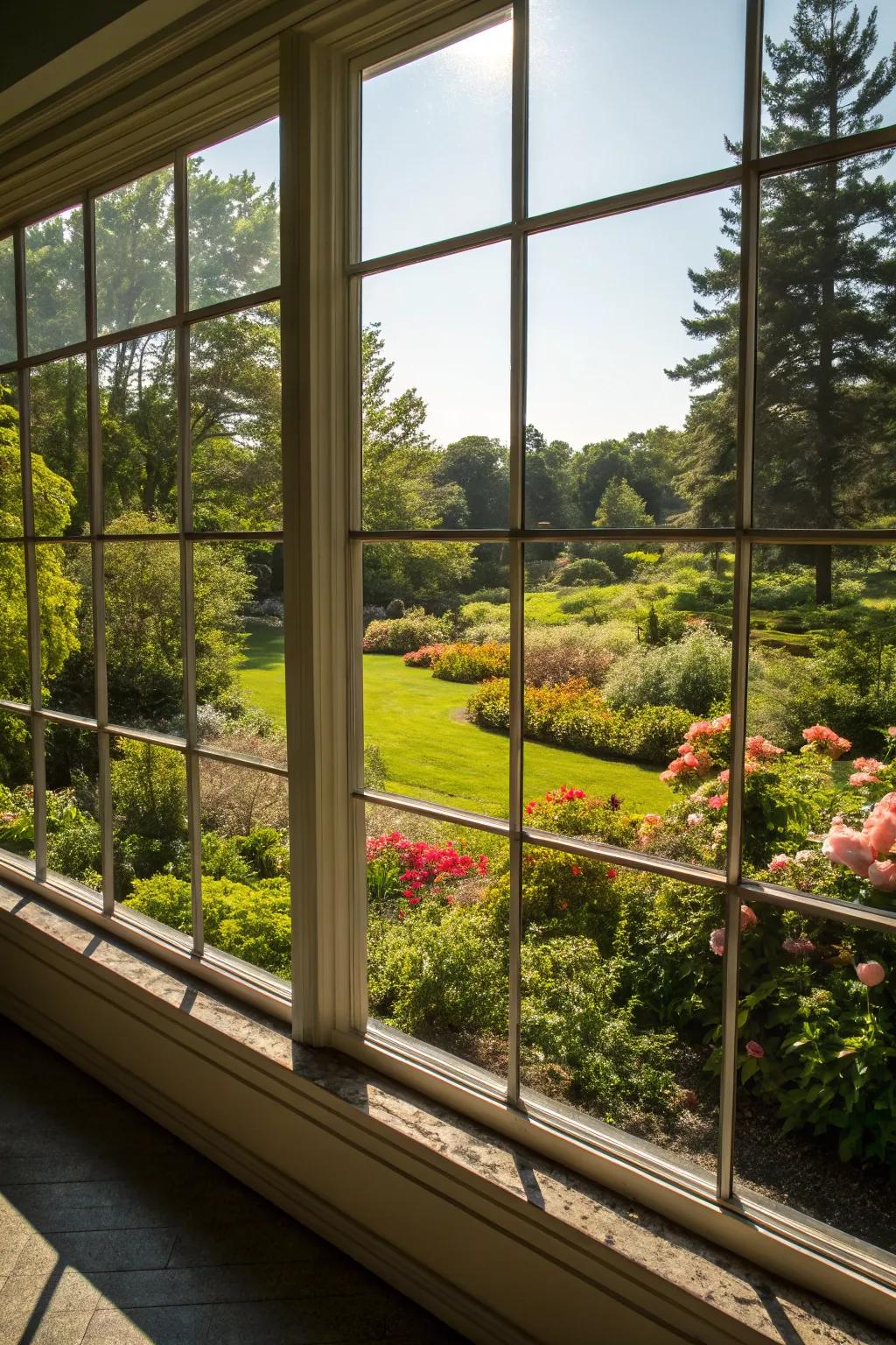 An expansive window showcases a breathtaking panoramic view of a verdant garden.