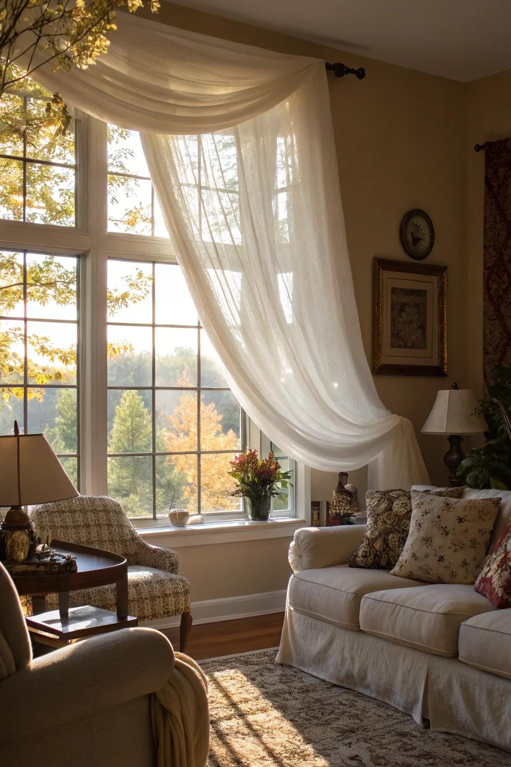 Timeless style using a sheer window drape.