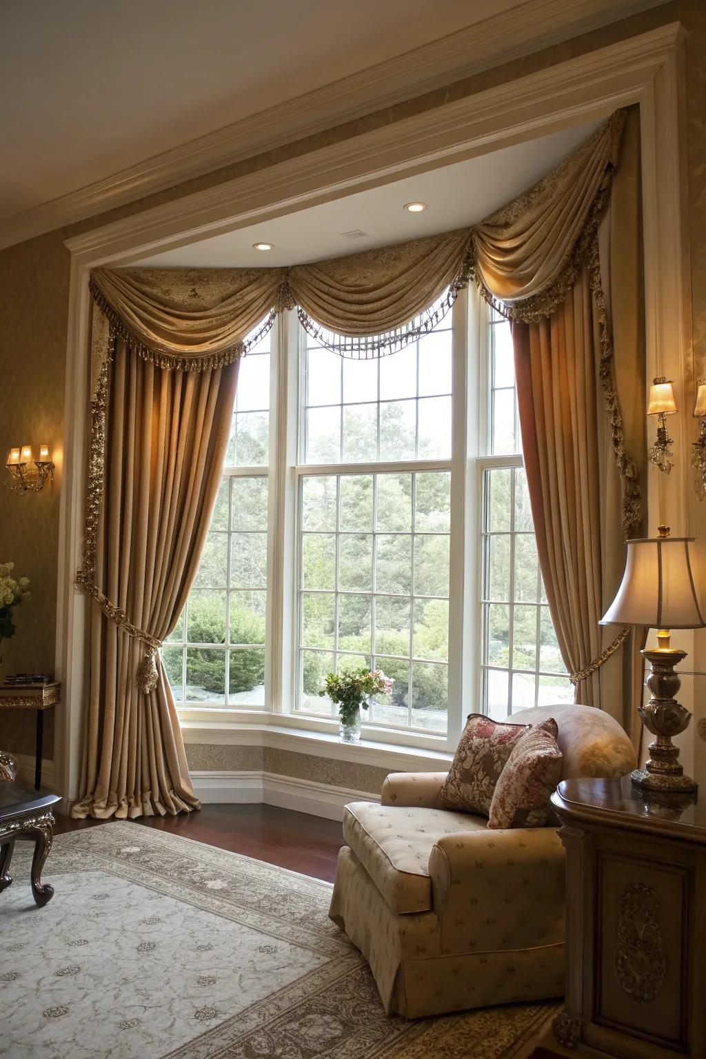 Full-length drapes bring a touch of drama to bay windows.
