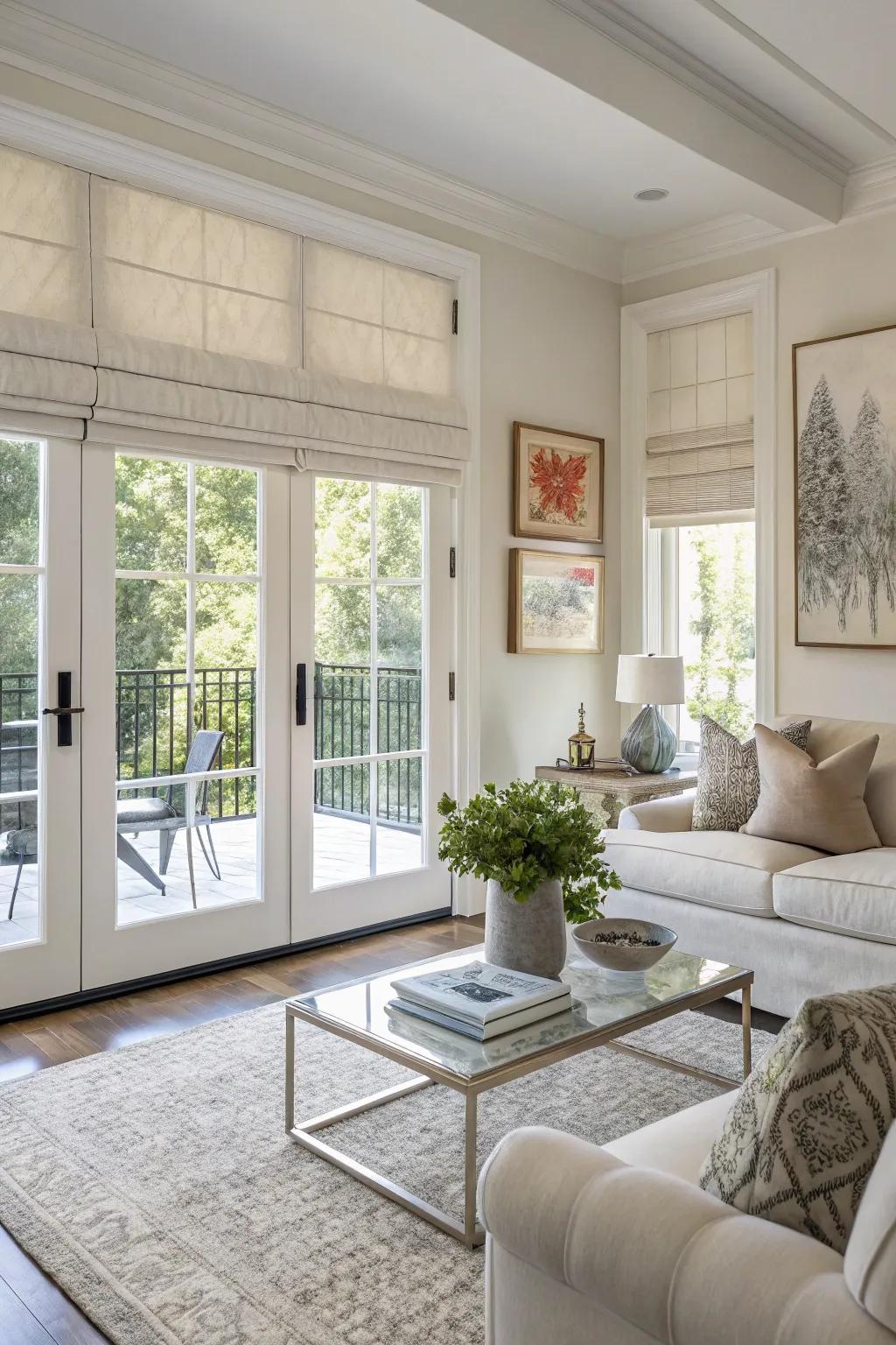 Roman coverings bring a tailored sophistication to French doors.