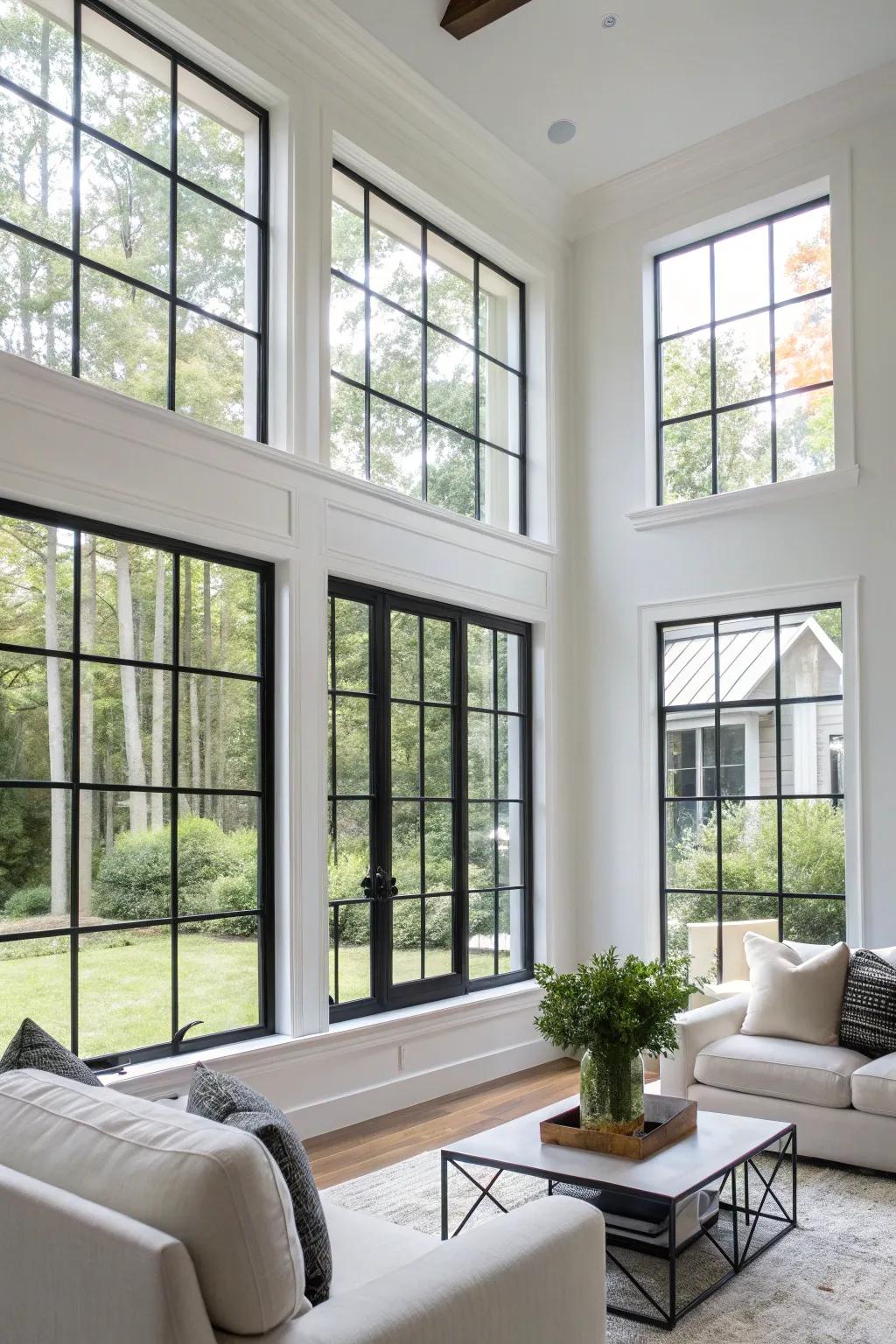 Black window trim imparts a modern flair to a radiant living area.