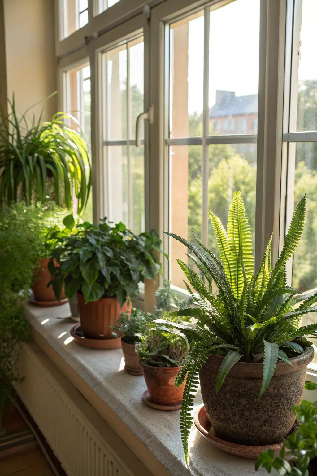 An energetic assortment of potted plants injects vitality into the windowsill.