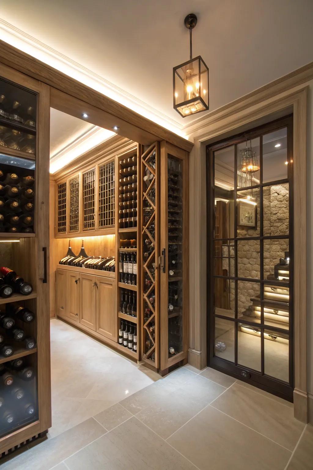 Gentle LEDs crafting a welcoming atmosphere within the wine room.