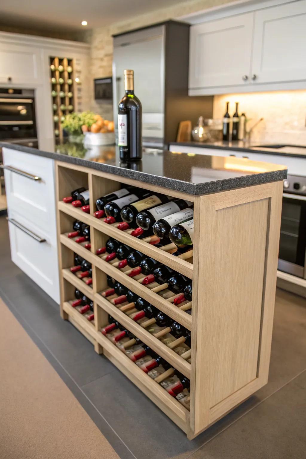 A kitchen island incorporating wine storage combines elegance with practical use.
