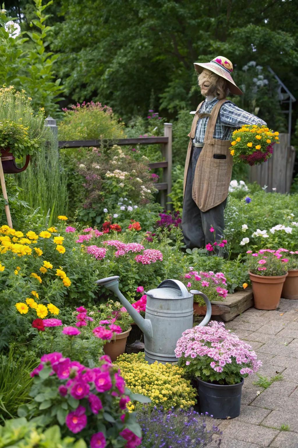 A scarecrow embodying the spirit of a garden soiree, amidst a riot of blooming flowers.