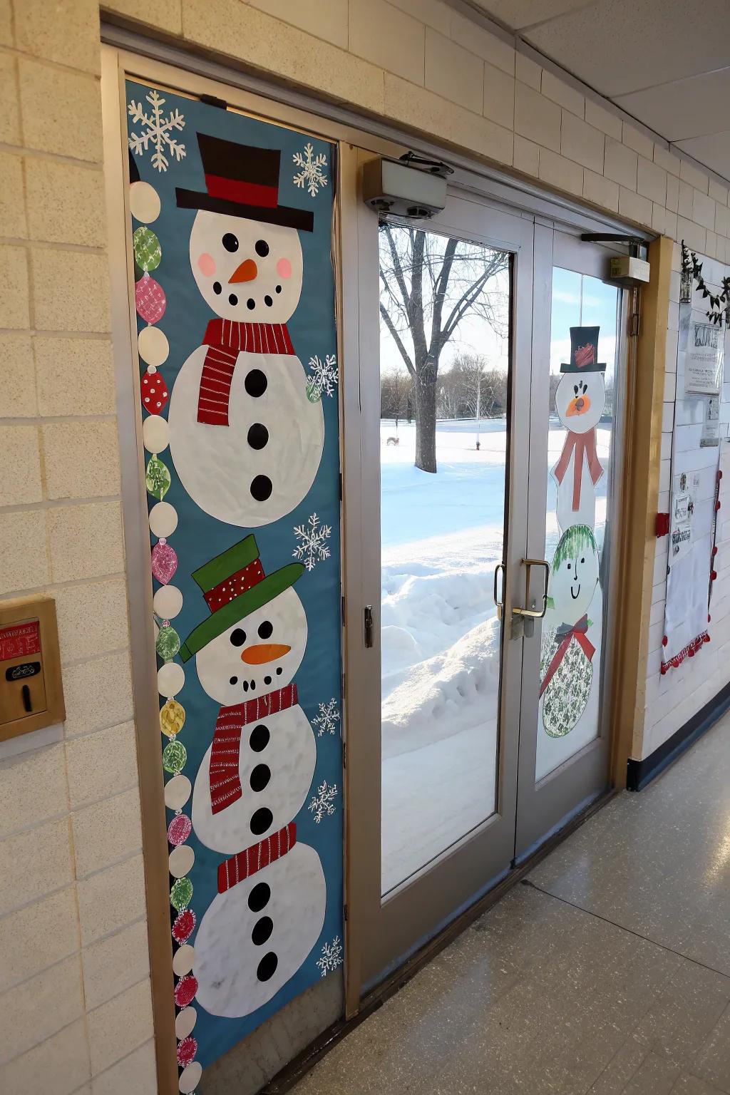 Student-made snow figures bring life to this winter entry decor