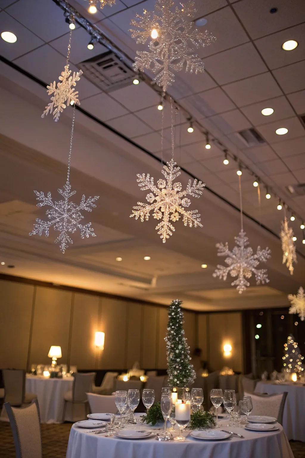 Crystalline frost flurries introduce a sophisticated element to any winter gala.
