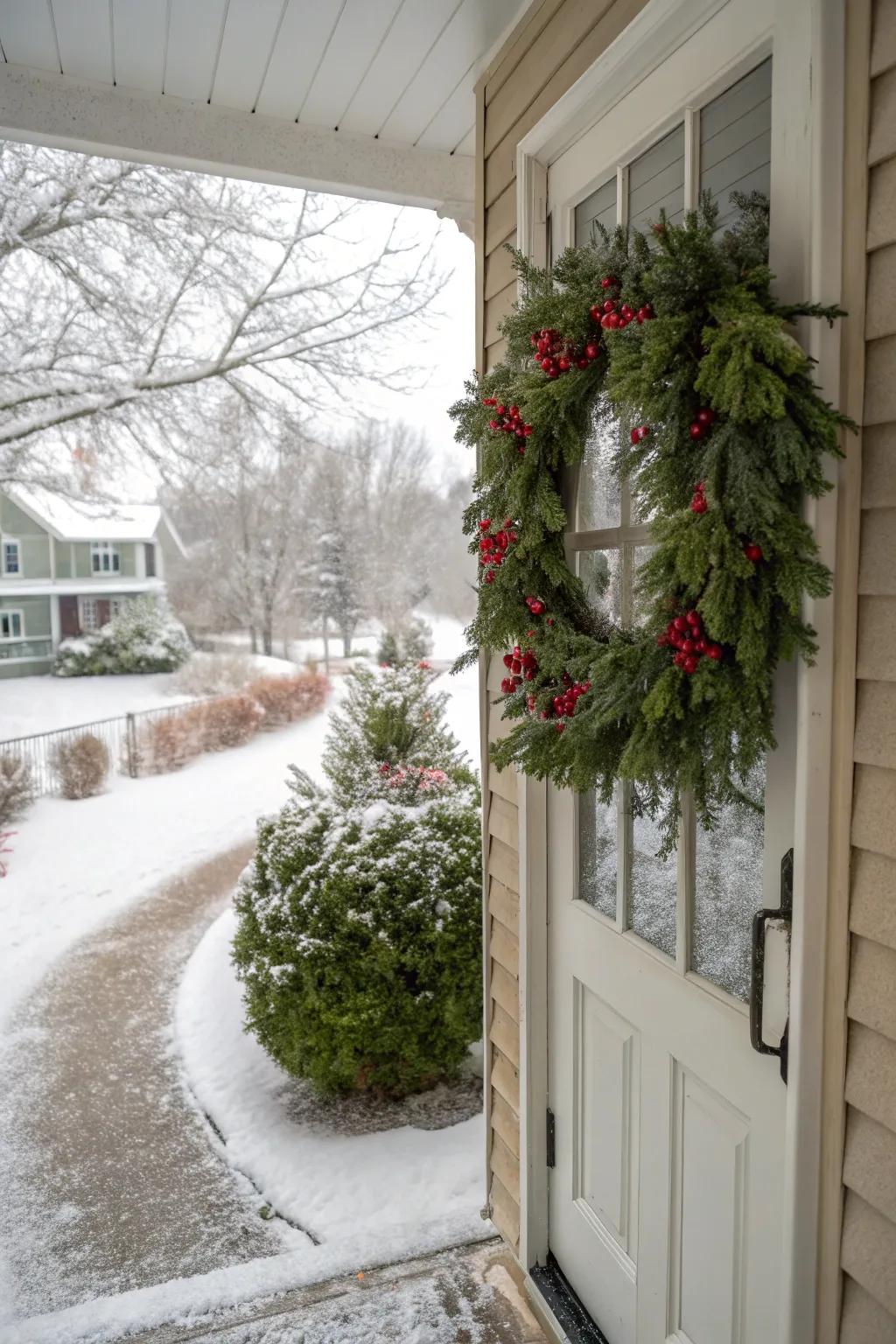 An evergreen garland adorns a front door, epitomizing winter's charm.