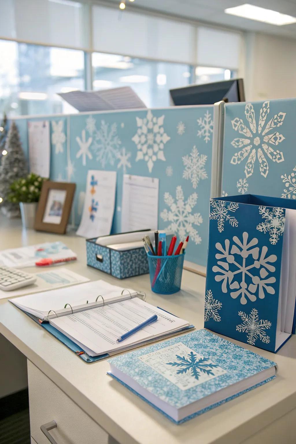 A Frosted Scene desk setup brings the peace of a snowy day indoors.