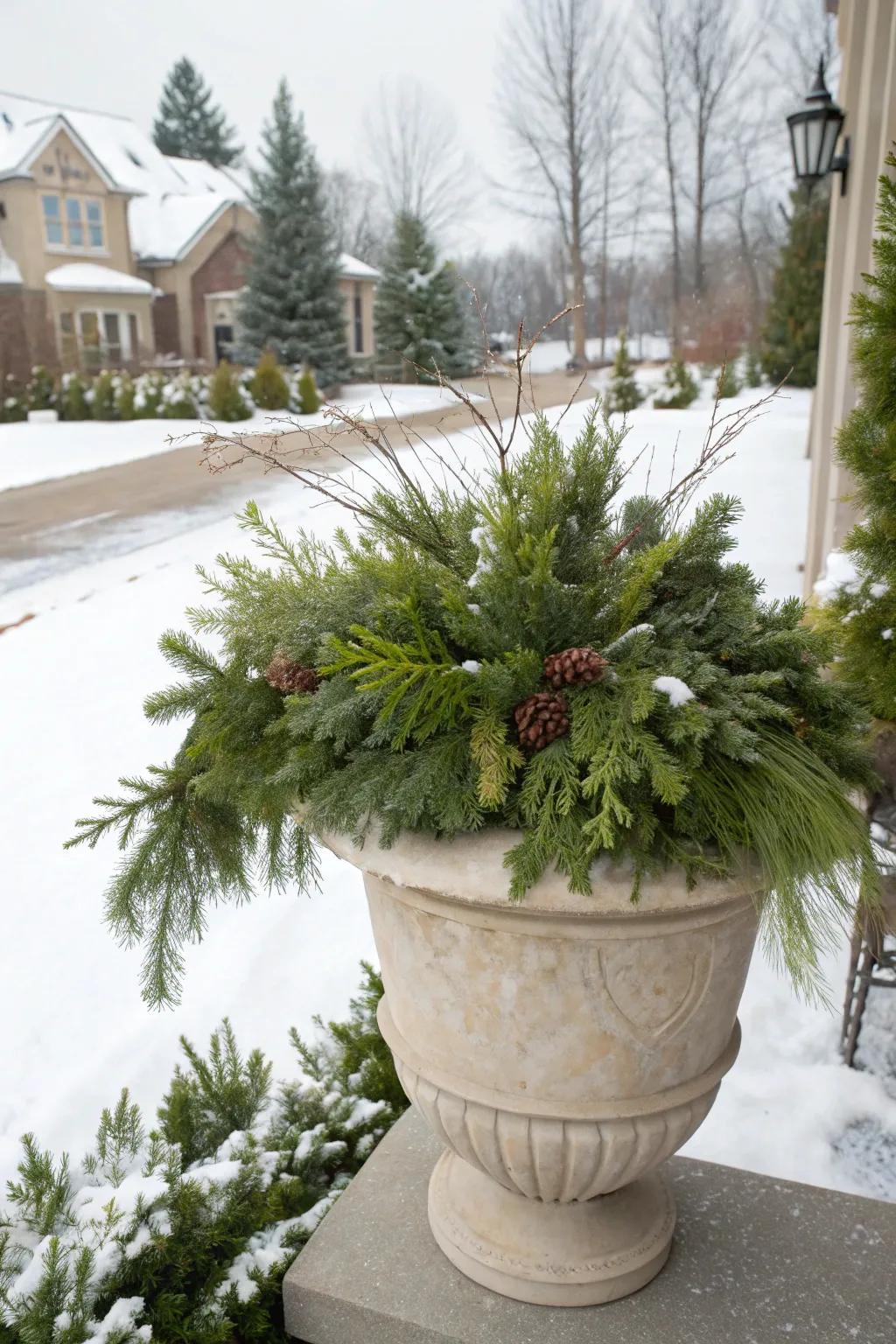 Evergreen foliage offers a rich and welcoming foundation for winter planters.