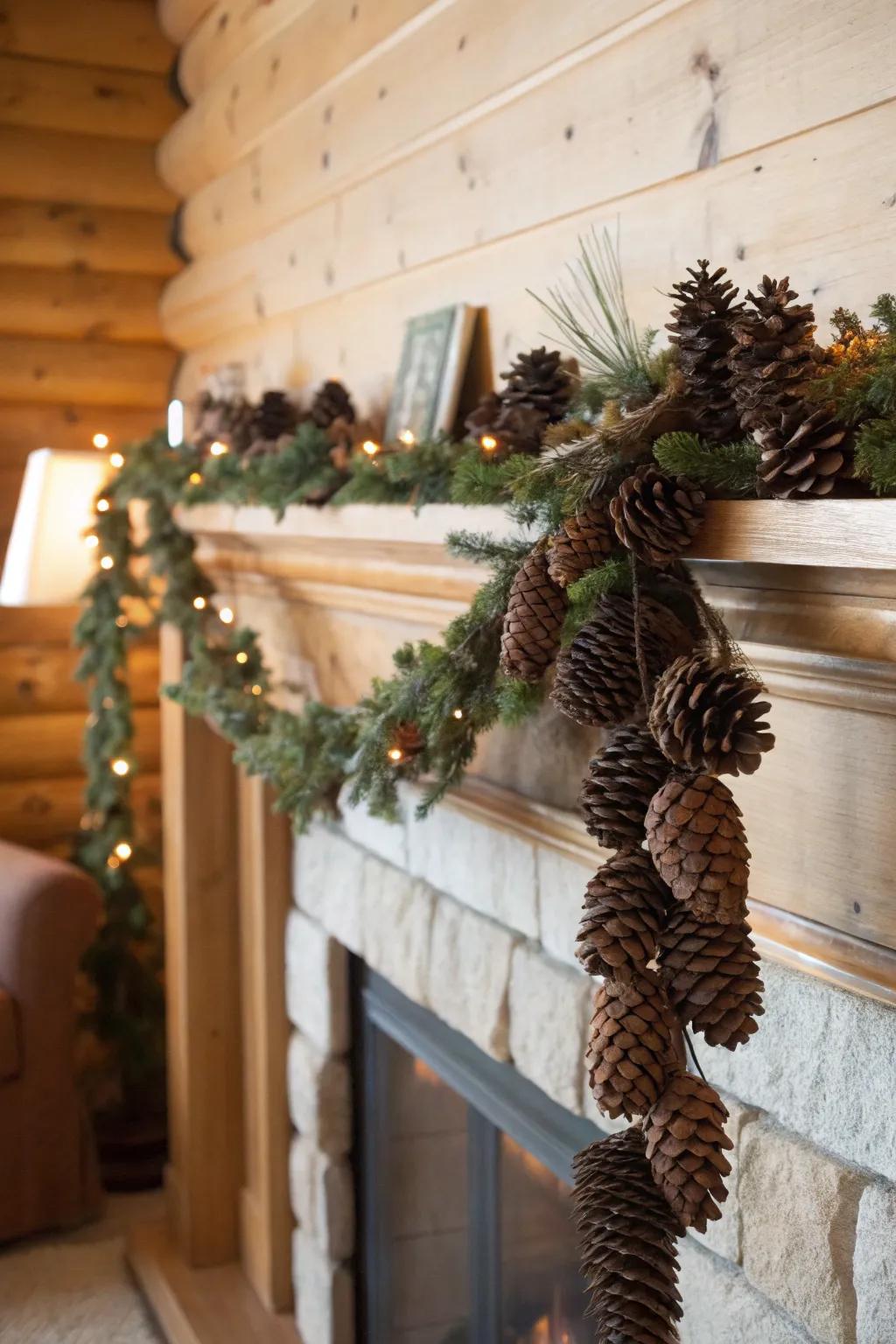 A woodland cone garland graces a fireplace mantel with rustic elegance.