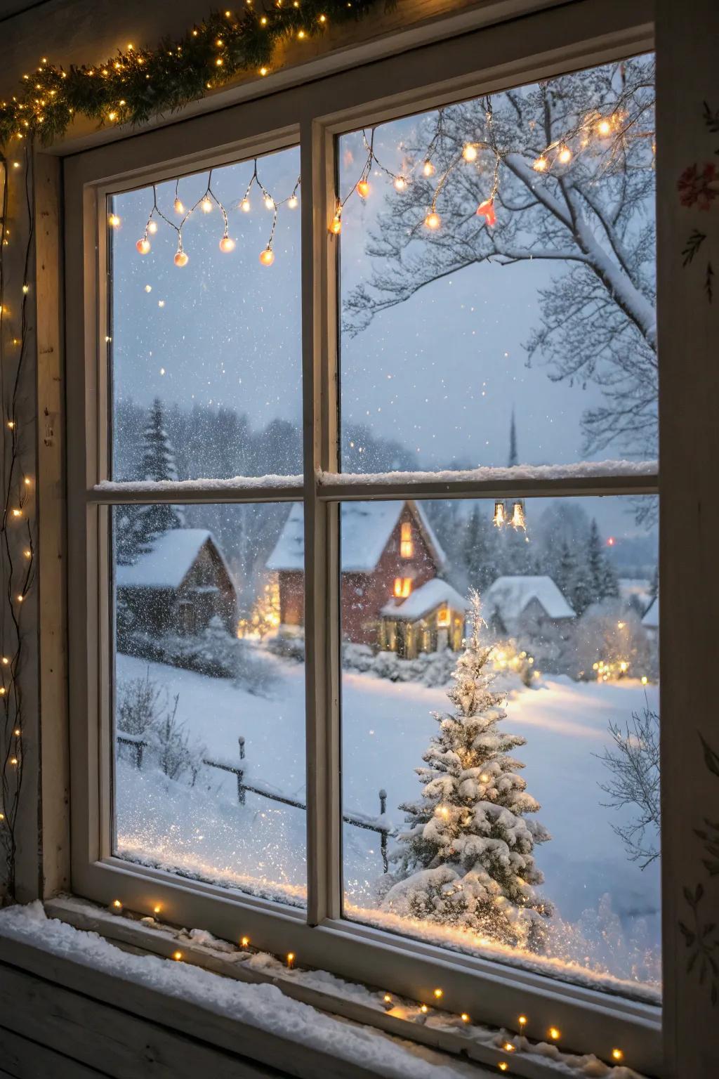 A delightful snow-covered village brings a cozy ambiance to your window.