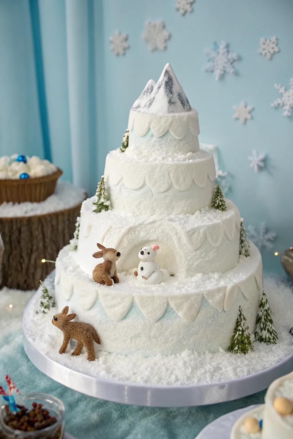A snowy mountain cake featuring adorable baby animals, perfect for a winter wonderland theme.