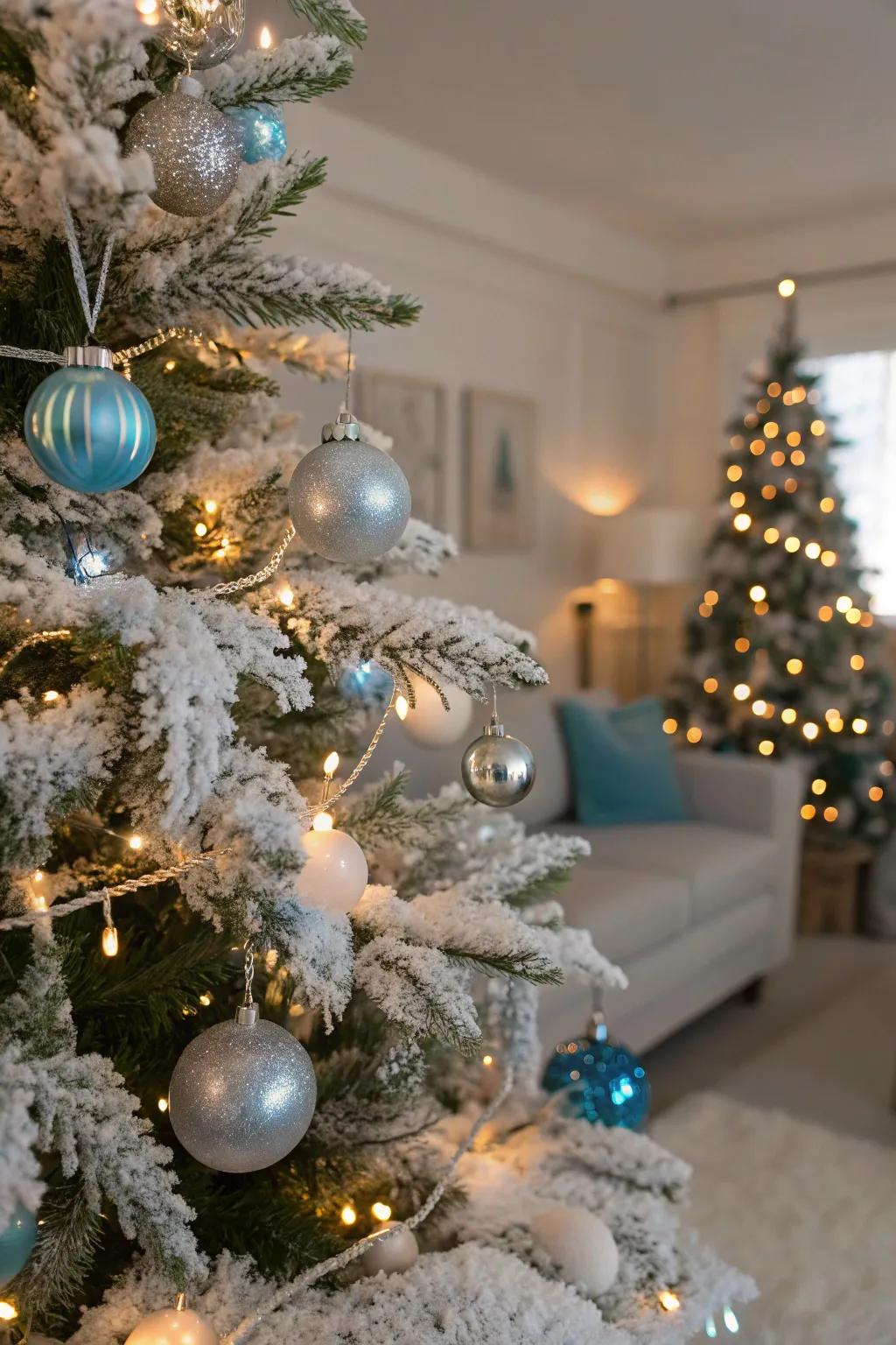 A snow-kissed Christmas tree crafts the perfect setting for a winter wonderland.