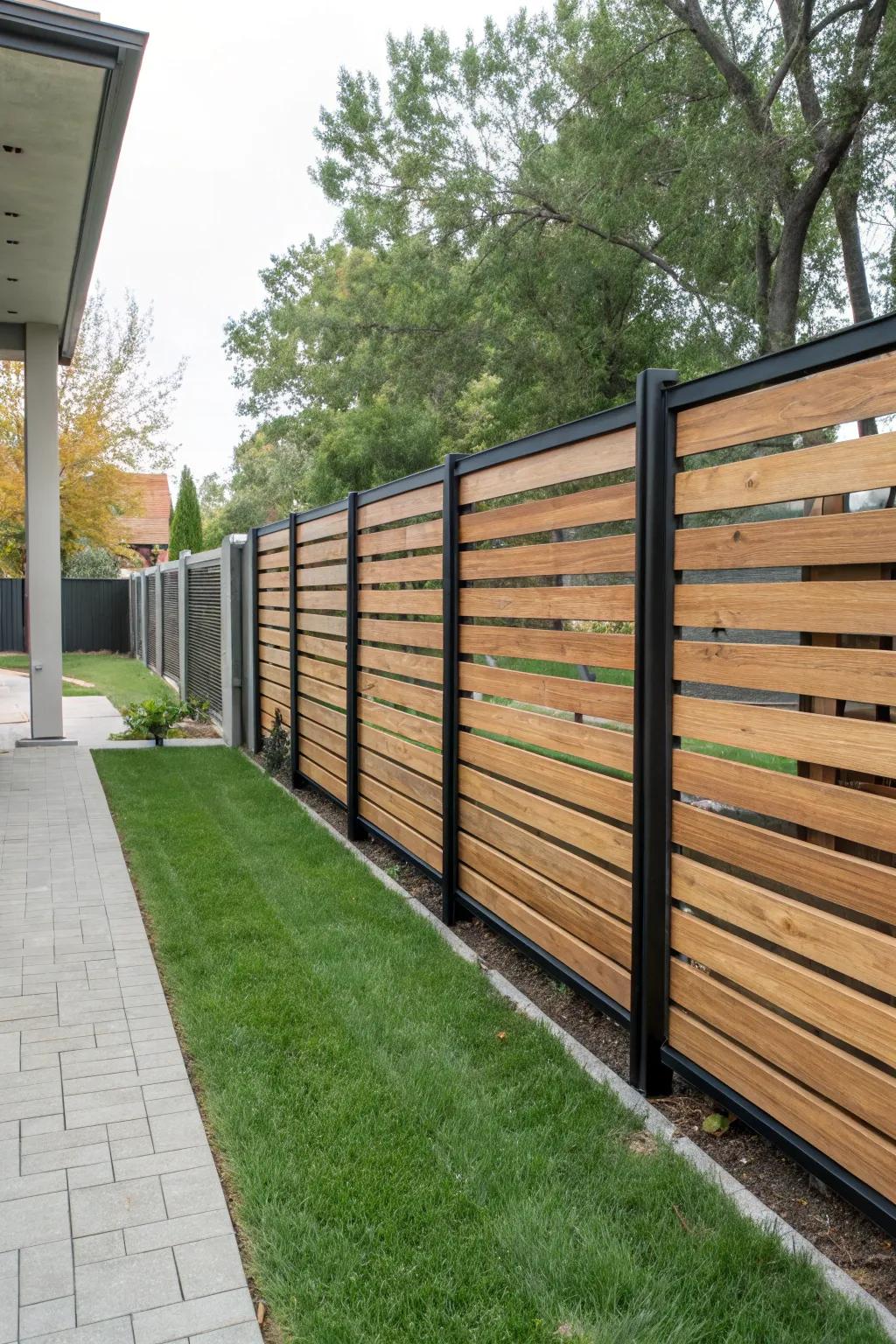 A sleek minimalist fence exhibiting horizontal wooden planks and robust metal borders.