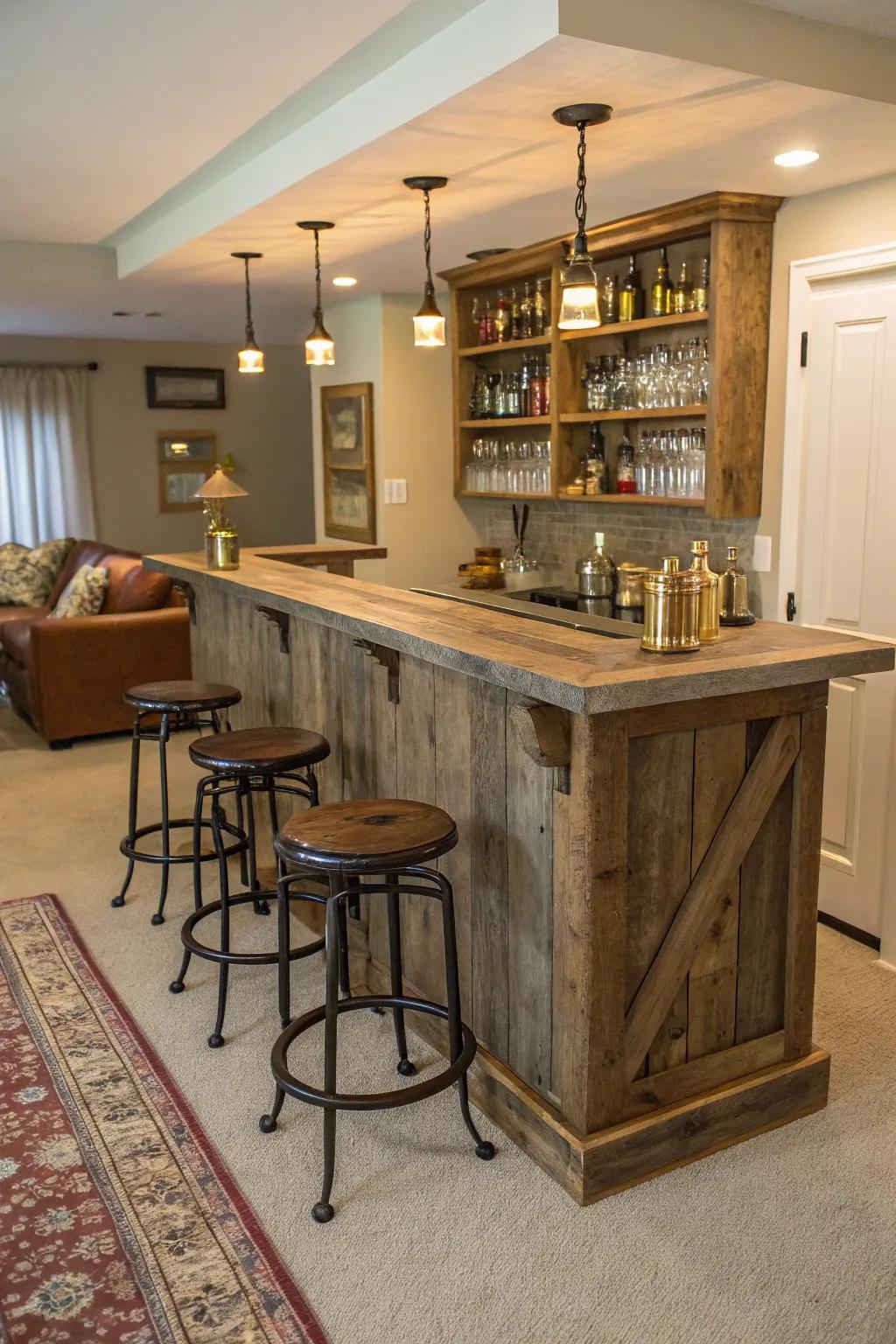 A bar designed with reclaimed wood, radiating a warm and inviting atmosphere.
