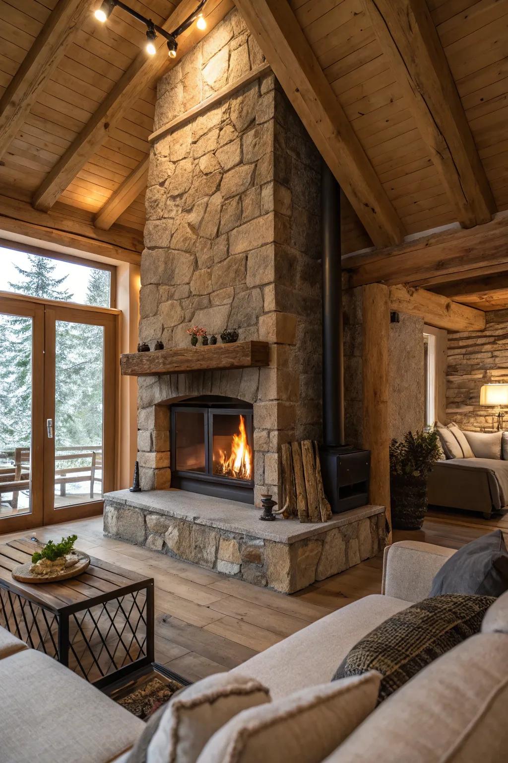 A rustic stone feature for a natural, inviting atmosphere.