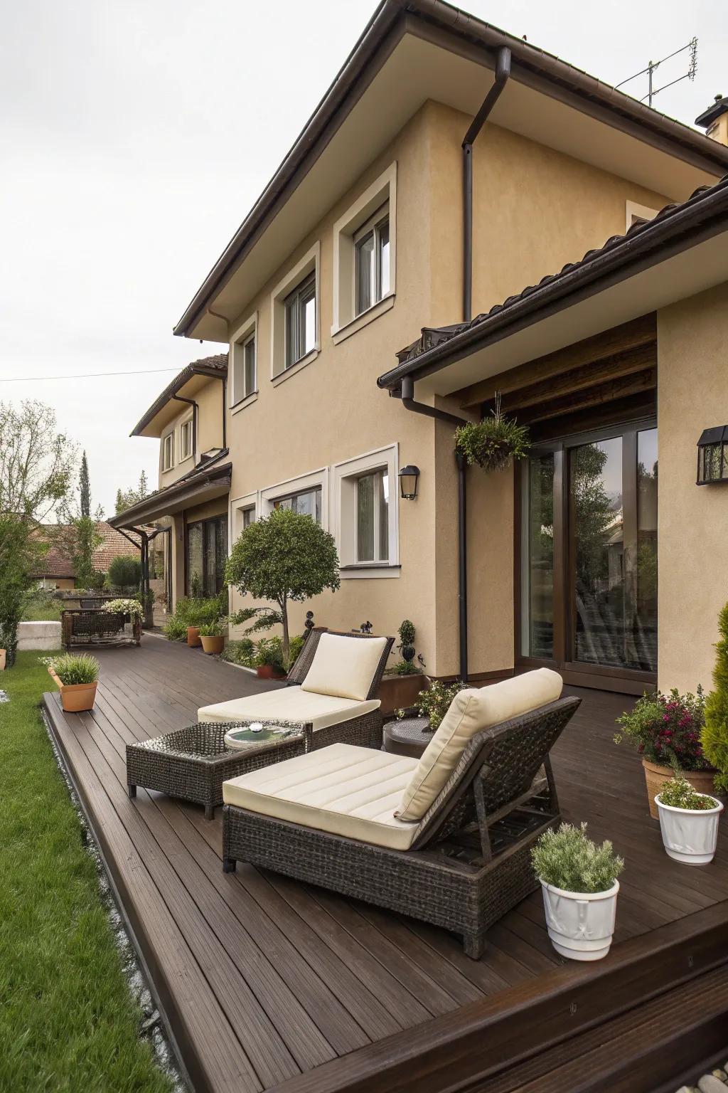 A dark brown deck adds a touch of classic elegance to a tan house, perfect for sophisticated outdoor gatherings.
