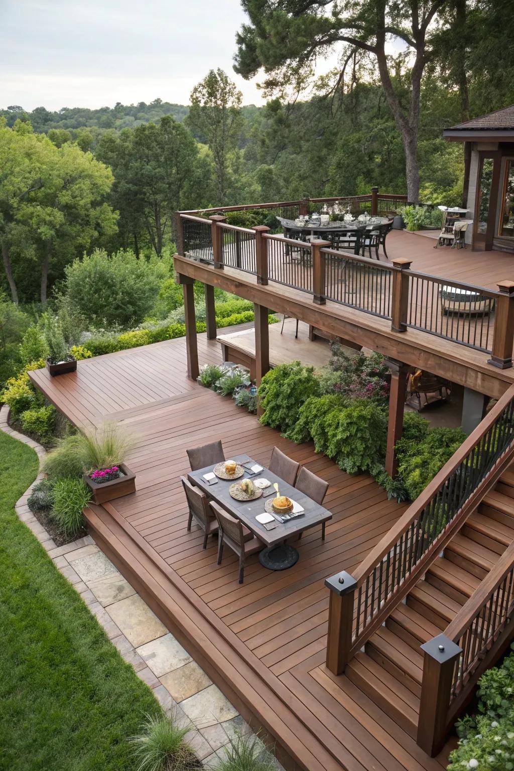This multi-level terrace design introduces a dimension of depth and utility to any backyard setting.