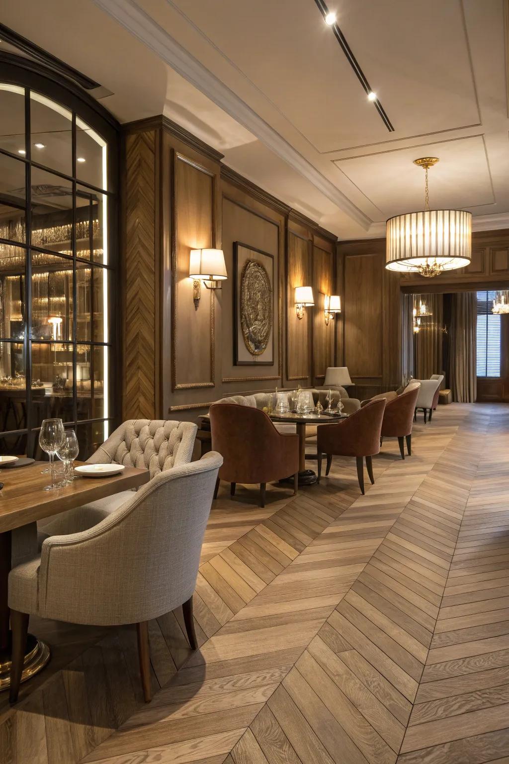 Traditional herringbone wood flooring enhancing a sophisticated interior.