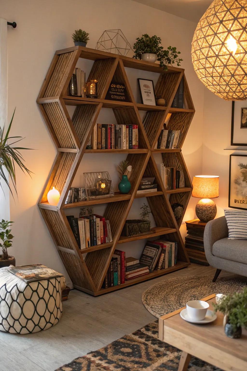 Contemporary geometric wood bookshelves providing a chic storage solution