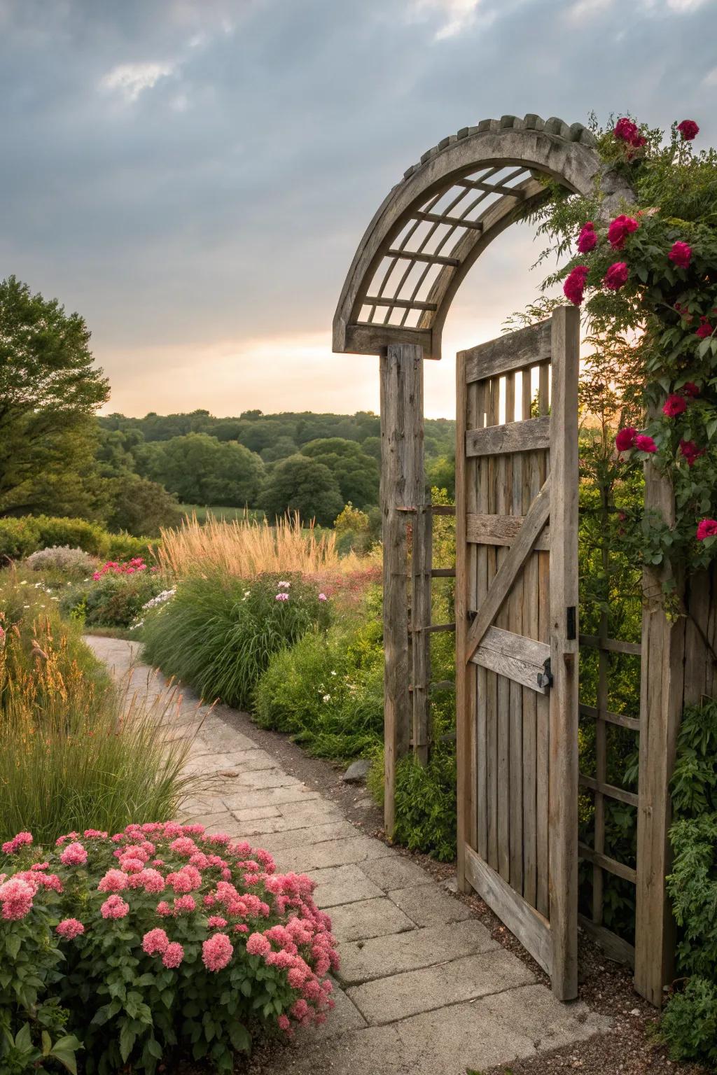 An arched top wood gate infuses a storybook-like charm into your garden.