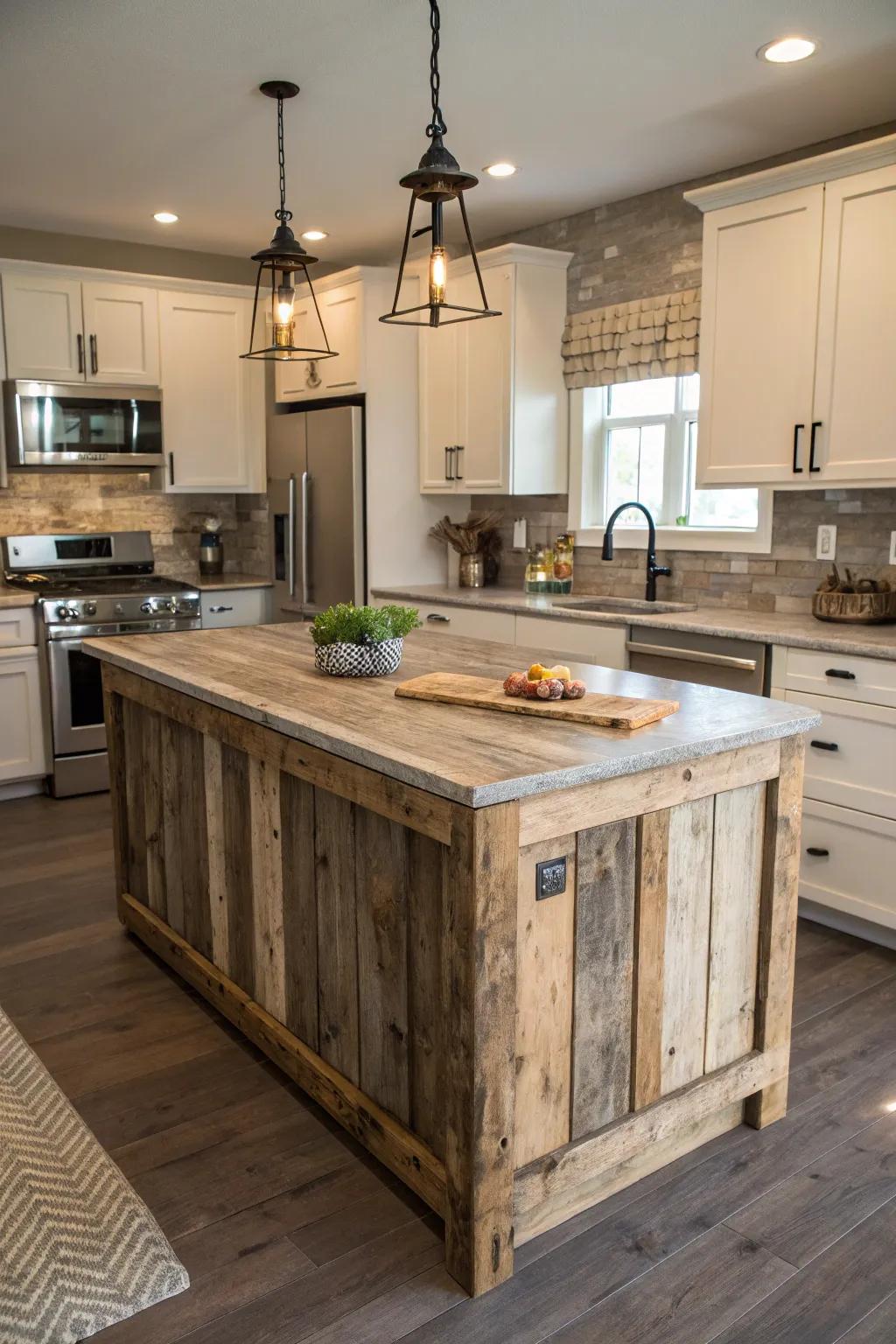 A rustic kitchen island made from reclaimed lumber, which gives warmth and personality to a modern space.