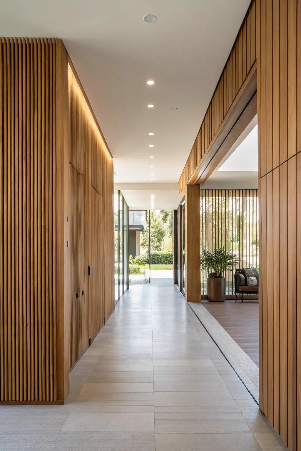 Vertical wood panels effortlessly create a sense of enhanced height and openness.
