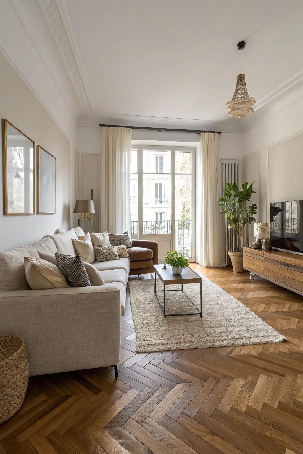 A modern living area showcasing a herringbone wooden floor that radiates elegance.