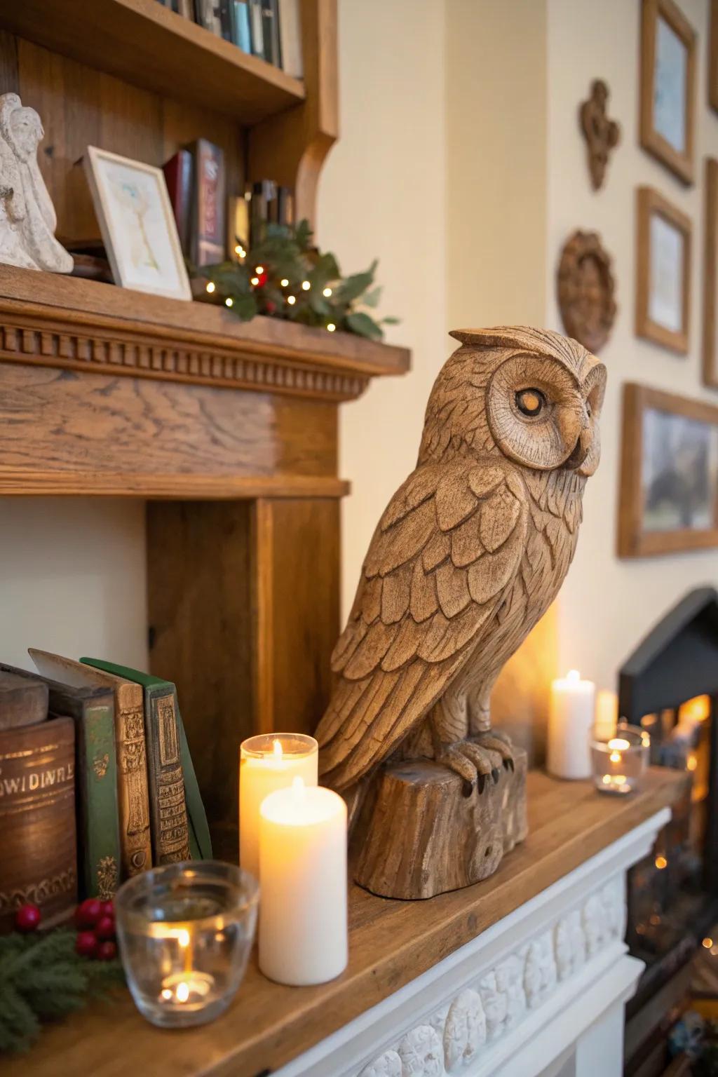 Usher the outdoors inside via an endearing sculpture of a wooden owl.