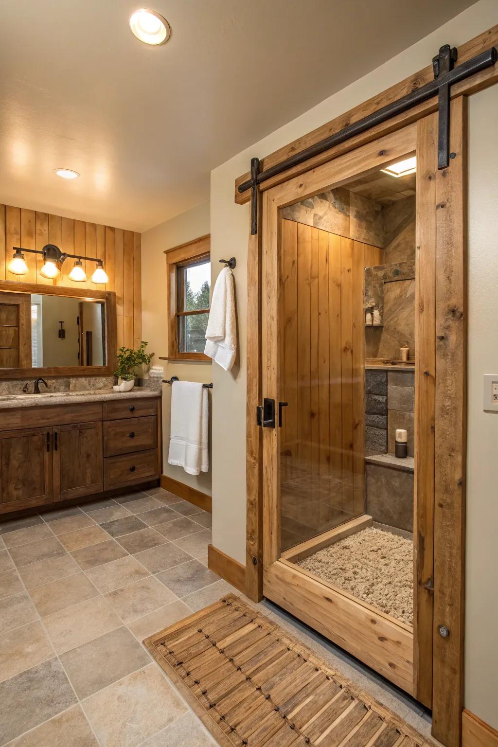Elevate the rustic appeal of your bathroom using a shower door encased in a solid timber frame.