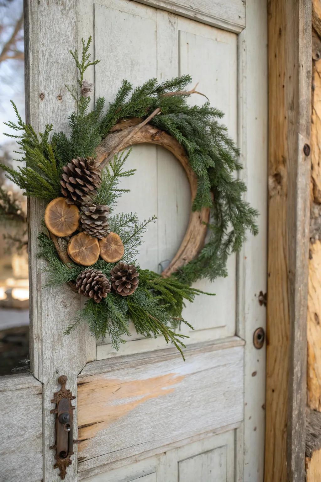 Ageless evergreen and wooden disc wreath for an enduring charm.