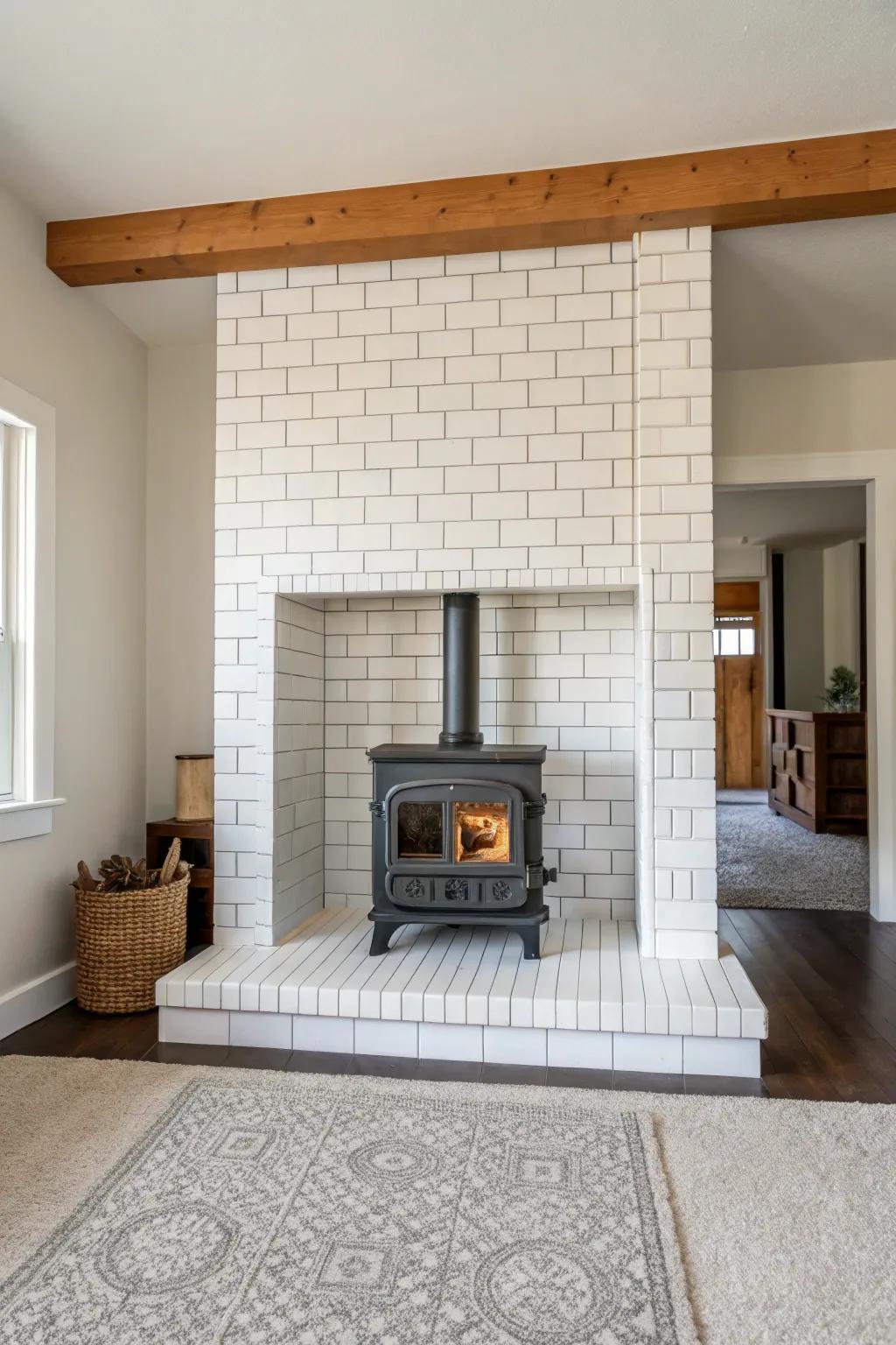 A minimalist tile surround brings a peaceful and contemporary ambiance to your wood burner.