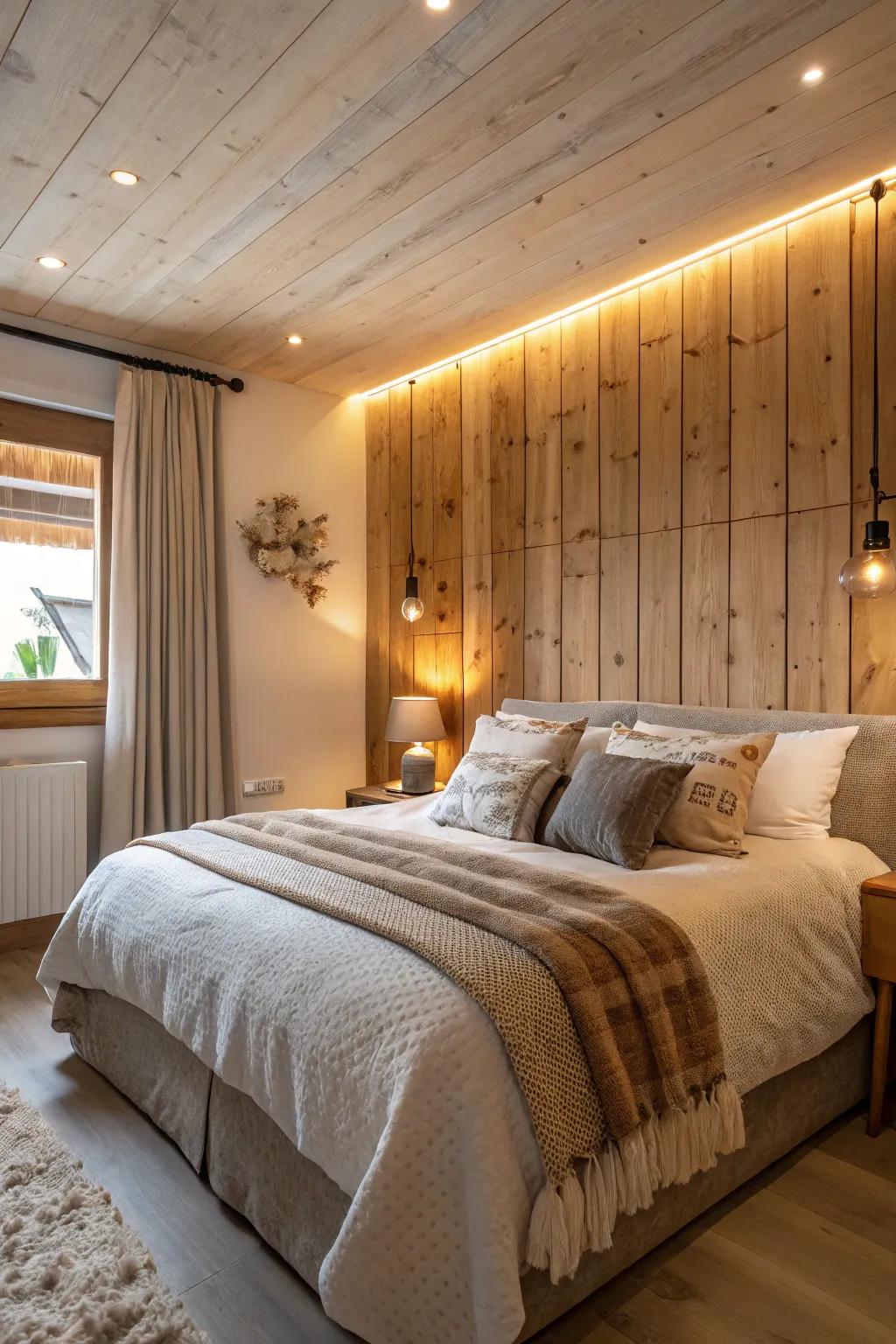 A bedroom made better by a warm wood panel highlight wall.